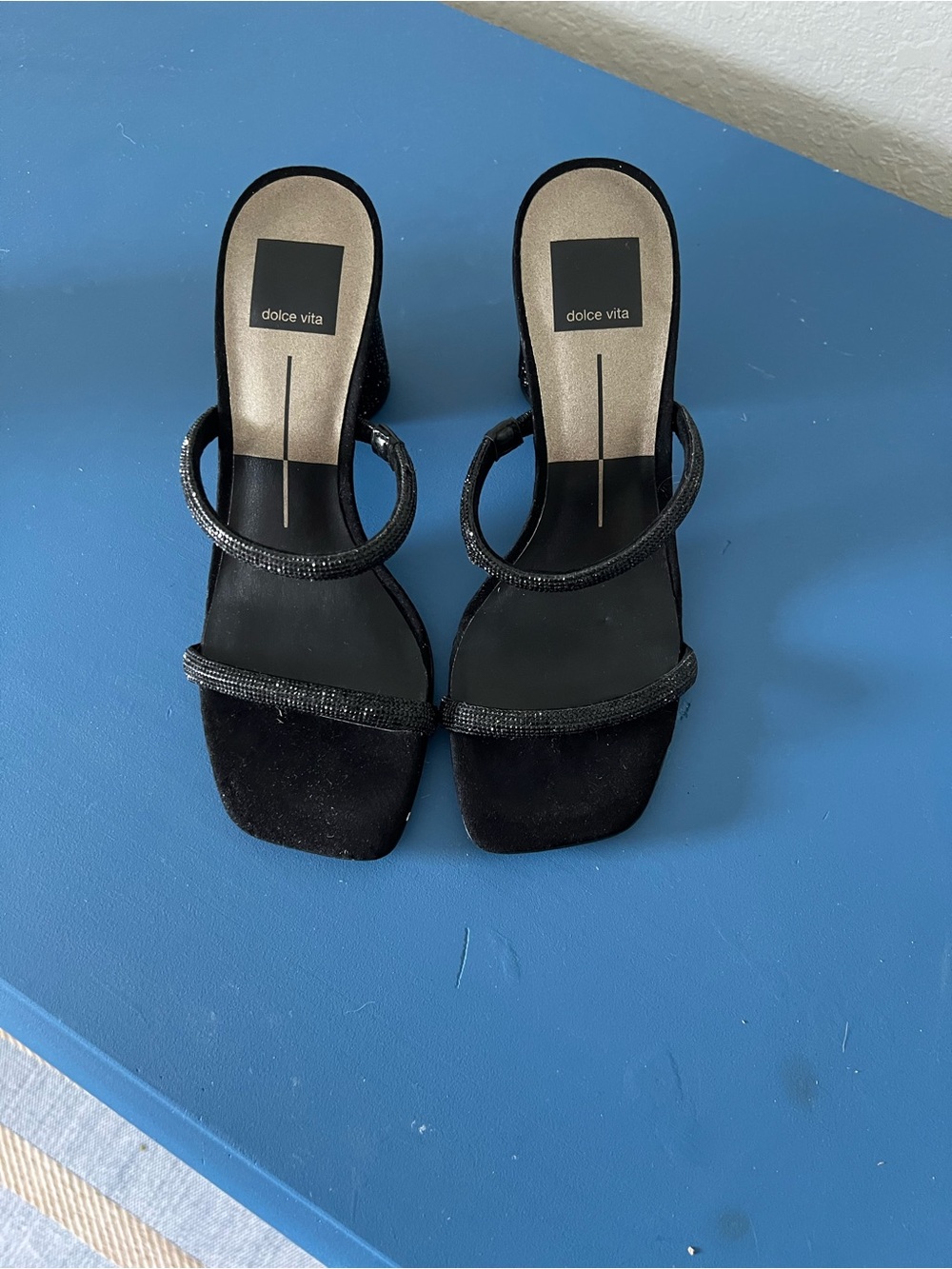 Dolce Vita Black Beaded Double-Strap Square-Toe Heels